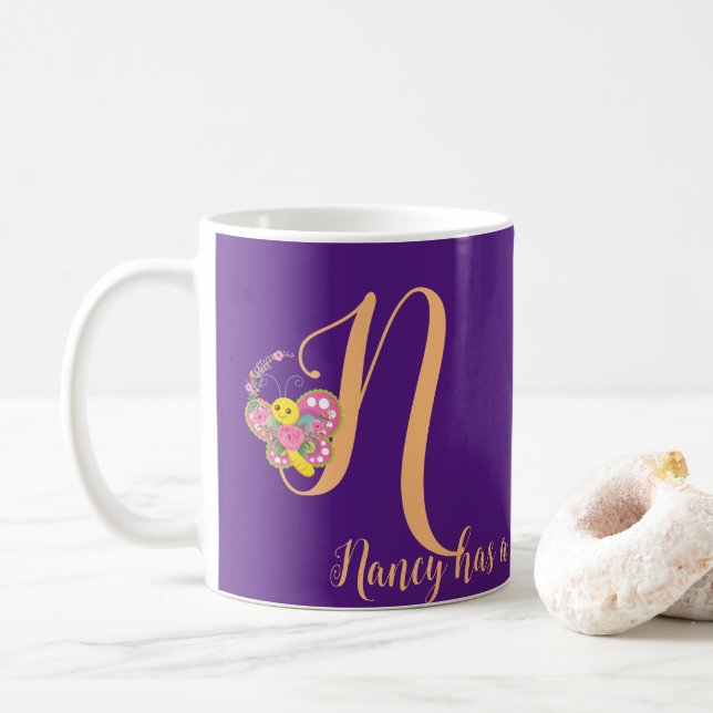 Taza De Café Letra mariposa N Mug floral (Con donut)