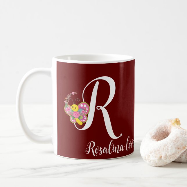 Taza De Café Letra mariposa R Floral Mug (Con donut)