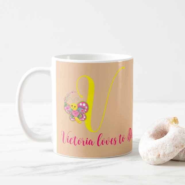 Taza De Café Letra mariposa V Mug floral (Con donut)