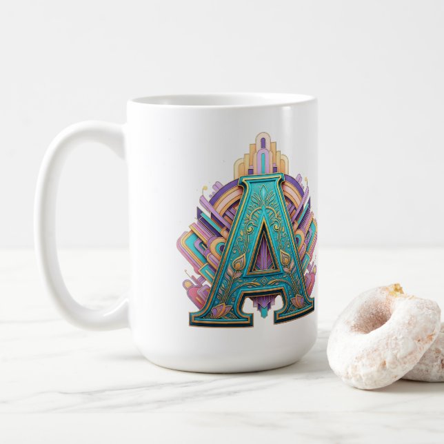 Taza De Café Letra mayúscula "A" decorativa con estilo Art Deco (Con donut)