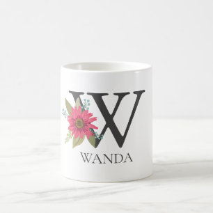 Taza De Café Letra moderna de Personalizable floral monogramada