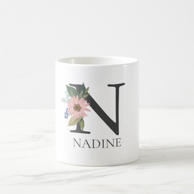 Taza De Café Letra moderna de Personalizable floral monogramada (Centro)