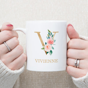 Taza De Café Letra monográfica dorada V  Verde rosa floral