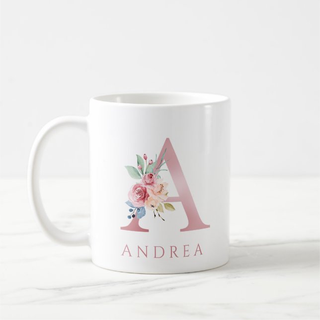 Taza De Café Letra monograma A acuarela floral café tazón (Izquierda)