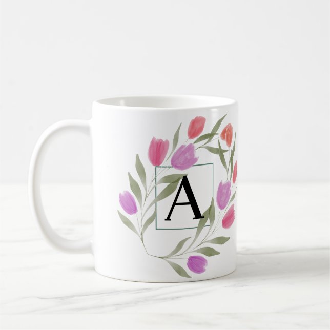 Taza De Café Letra monograma A negra y blanca con flores (Izquierda)