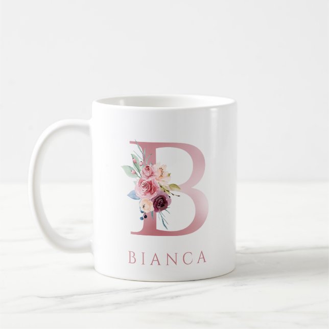 Taza De Café Letra monograma B acuarela floral café tazón (Izquierda)