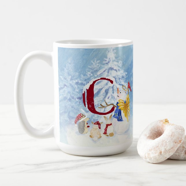 Taza De Café Letra monograma C Navidades de nieve Angel Snowman (Con donut)