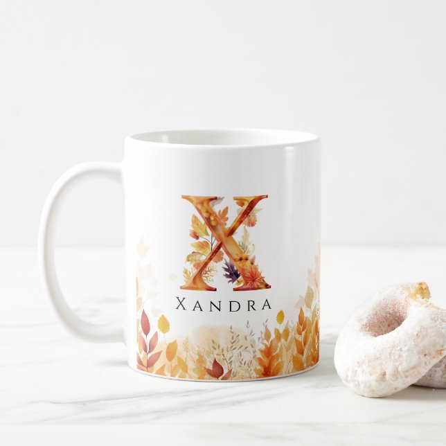 Taza De Café Letra monograma de hojas de otoño X (Con donut)