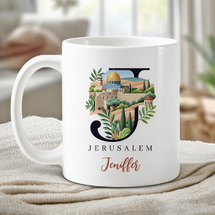 Taza De Café Letra Monograma de Jerusalén J Regalo Personalizad