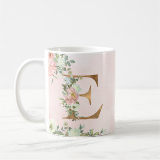 Taza De Café Letra monograma E acuarela café floral tazón