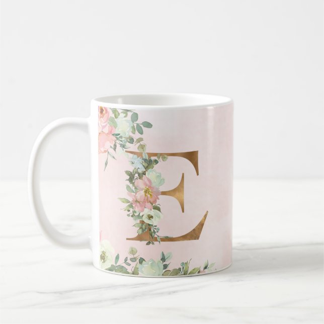 Taza De Café Letra monograma E acuarela café floral tazón (Izquierda)
