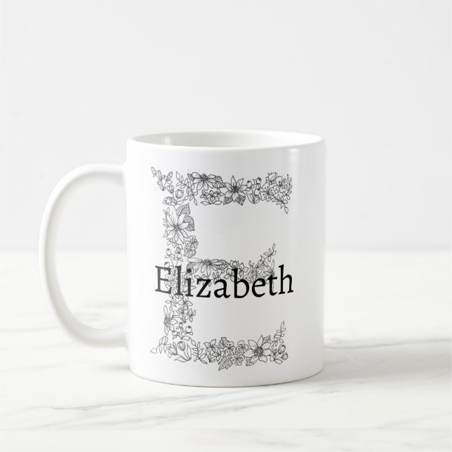 Taza De Café Letra monograma E blanco negro bruta floral (Izquierda)