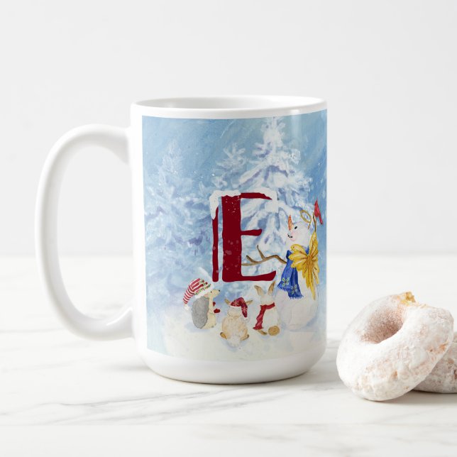 Taza De Café Letra monograma E Navidades Snowman Angel Woodland (Con donut)