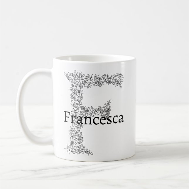 Taza De Café Letra monograma F Floral Botánica Blanca Negra (Izquierda)