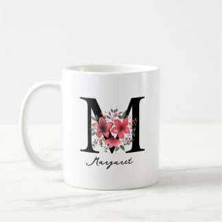 Taza De Café Letra Monograma Floral M Margaret Nombre Personali