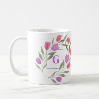 Taza De Café Letra monograma G púrpura y blanca con flores