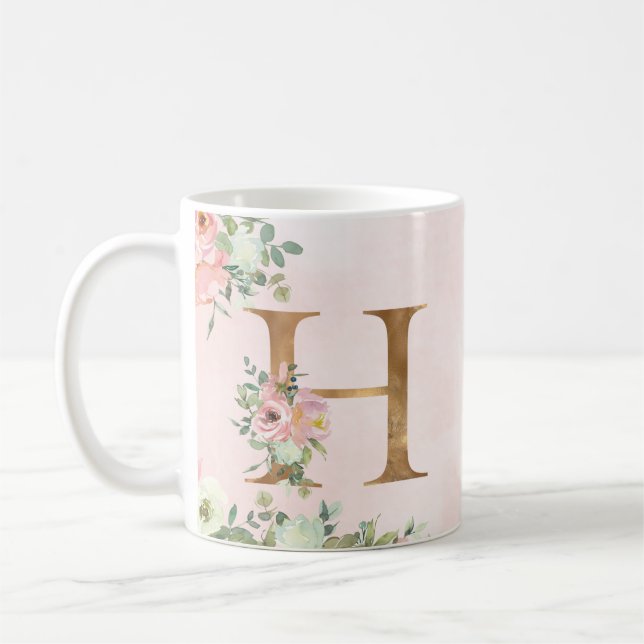 Taza De Café Letra monograma H acuarela café floral tazón (Izquierda)