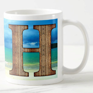 Taza De Café Letra monograma inicial de madera H escena oceánic