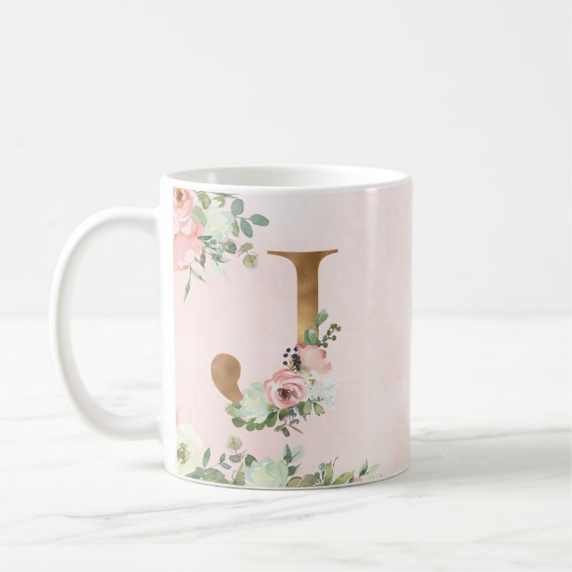 Taza De Café Letra monograma J acuarela café floral tazón (Izquierda)
