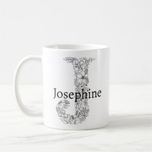 Taza De Café Letra monograma J Floral botánica blanca negra