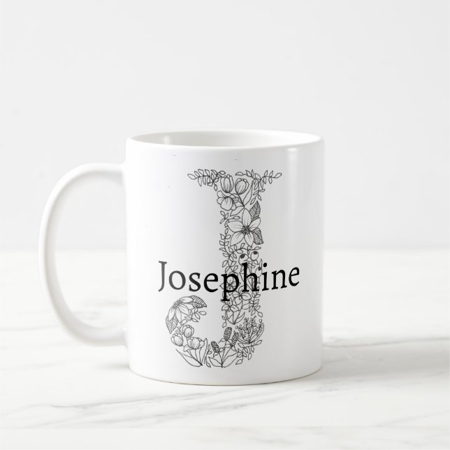 Taza De Café Letra monograma J Floral botánica blanca negra (Izquierda)