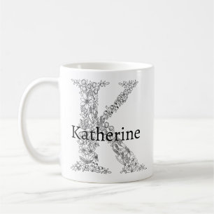 Taza De Café Letra monograma K blanco negro bruta floral