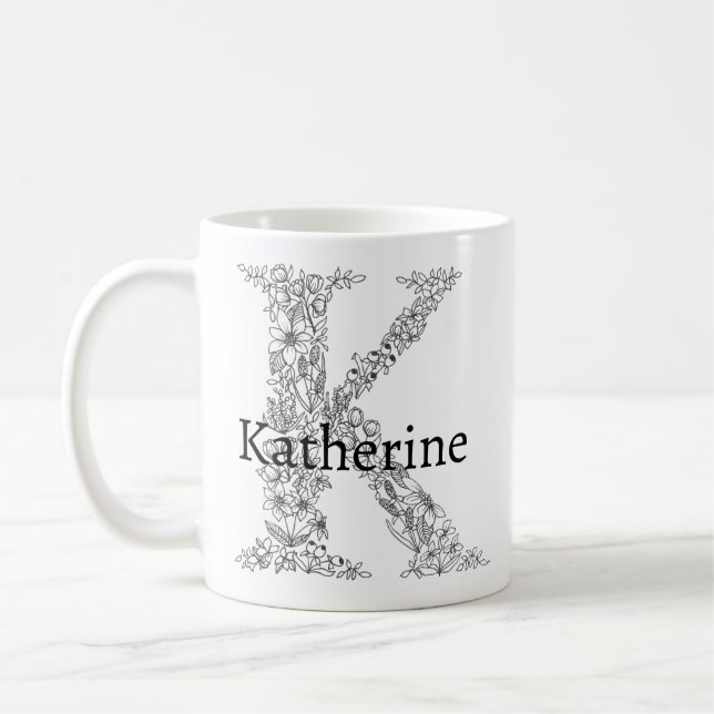 Taza De Café Letra monograma K blanco negro bruta floral (Izquierda)