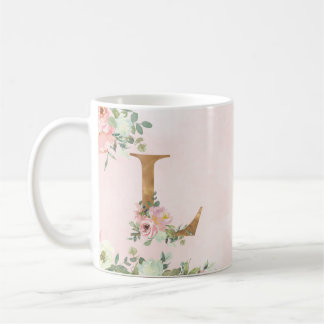 Taza De Café Letra monograma L acuarela café floral tazón