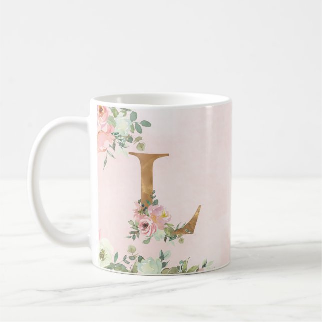 Taza De Café Letra monograma L acuarela café floral tazón (Izquierda)