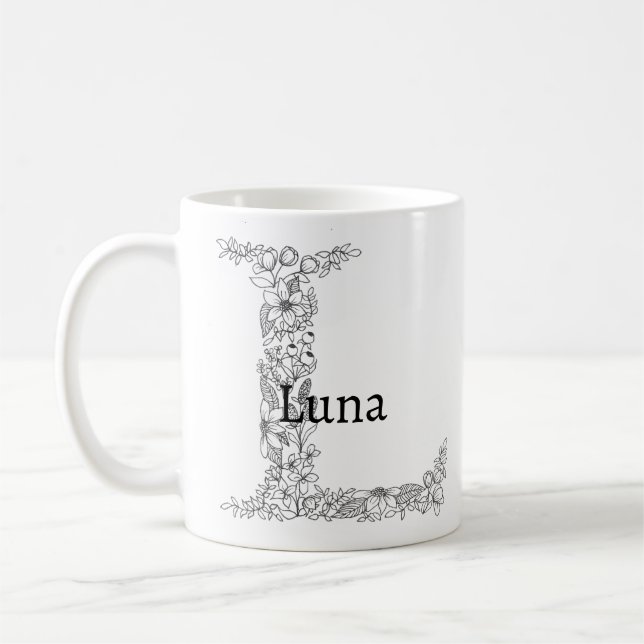 Taza De Café Letra monograma L blanco negro frasco floral (Izquierda)