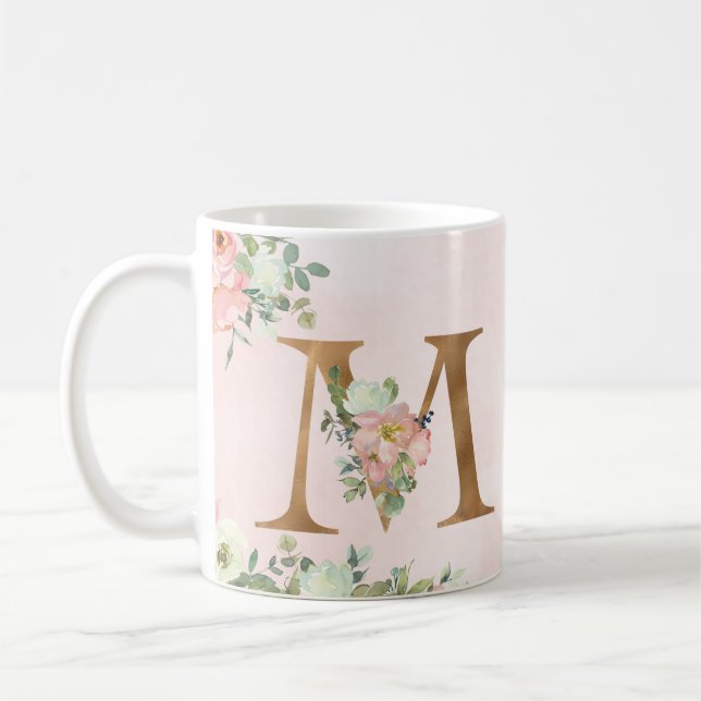 Taza De Café Letra monograma M acuarela café floral tazón (Izquierda)