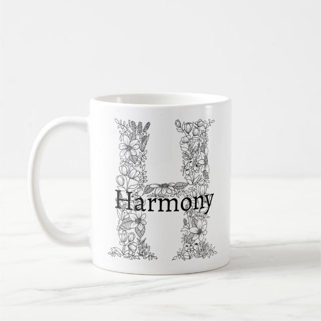 Taza De Café Letra monograma M blanco negro floral botánica (Izquierda)