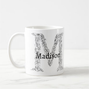 Taza De Café Letra monograma M Floral Botánica Blanca Negra
