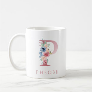 Taza De Café Letra monograma P acuarela floral café tazón