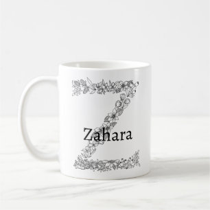 Taza De Café Letra monograma Z blanco negro frasco floral
