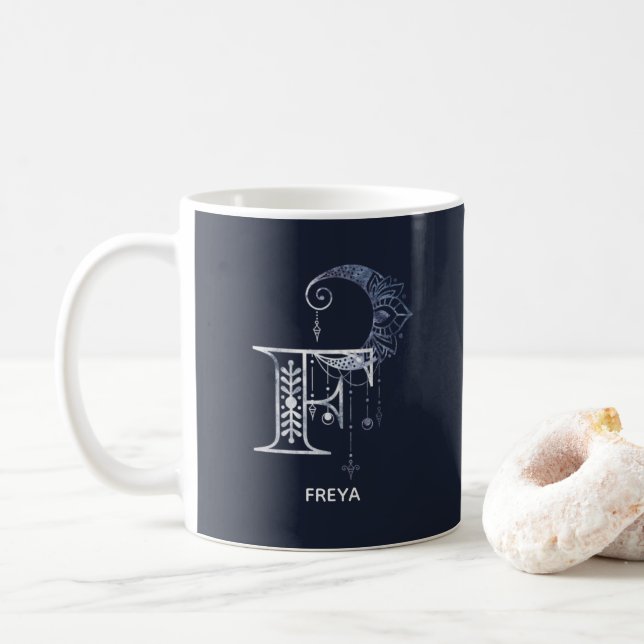 Taza De Café Letra monogramada F Boho Crescent Moon Mandala (Con donut)