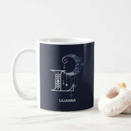 Taza De Café Letra monogramada L Boho Crescent Moon Mandala
