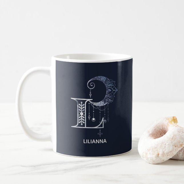 Taza De Café Letra monogramada L Boho Crescent Moon Mandala (Con donut)