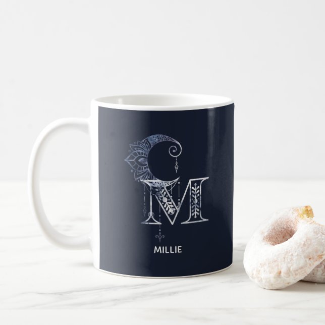 Taza De Café Letra monogramada M Boho Crescent Moon Mandala (Con donut)