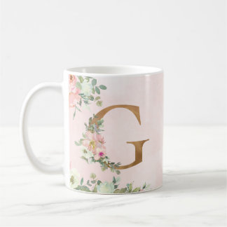 Taza De Café Letra monogramo G acuarela café floral tazón