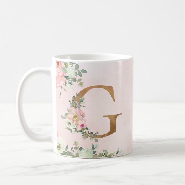 Taza De Café Letra monogramo G acuarela café floral tazón (Izquierda)