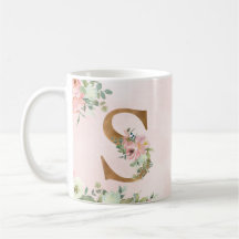 Letra monogramo S acuarela café floral tazón