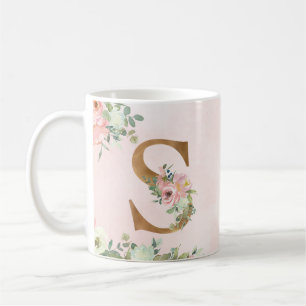 Taza De Café Letra monogramo S acuarela café floral tazón