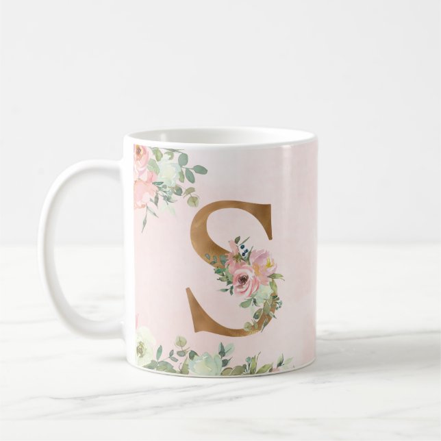 Taza De Café Letra monogramo S acuarela café floral tazón (Izquierda)