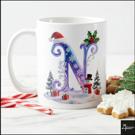 Taza De Café Letra N de Navidad iridiscente con muñeco de nieve