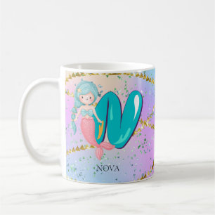 Taza De Café Letra N Monograma Acuarela Cuta Cristales De Siren