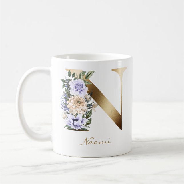 Taza De Café Letra N Oro Monograma Luz Crema Púrpura Flora (Izquierda)
