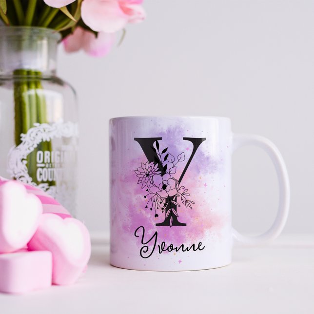 Taza De Café Letra negra morada rosada floral monograma Y (Subido por el creador)