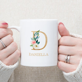Taza De Café Letra oro monográfica D | Verde blanco rosado flor