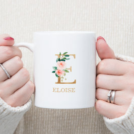 Taza De Café Letra oro monográfica E | Verde blanco rosado flor